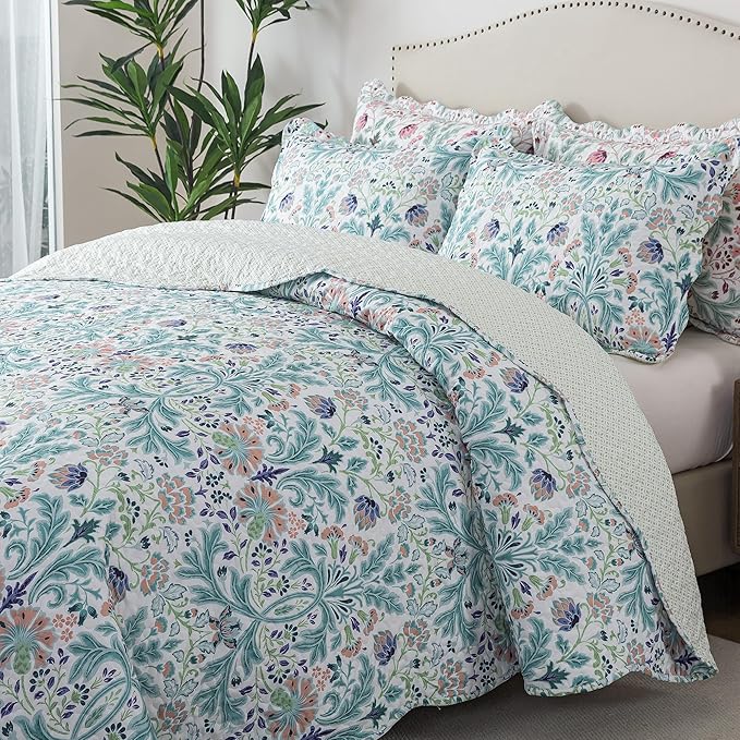 HoneiLife Queen Quilt Bedding Sets - Microfiber Quilt Sets for Queen Bed, 3-Piece Lightweight Bedspreads,Reversible Coverlets Rustic Bed Cover, Floral Bedding Sets for All Season Use