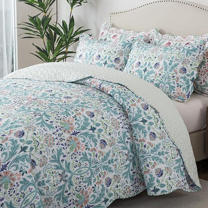 HoneiLife Queen Quilt Bedding Sets - Microfiber Quilt Sets for Queen Bed, 3-Piece Lightweight Bedspreads,Reversible Coverlets Rustic Bed Cover, Floral Bedding Sets for All Season Use