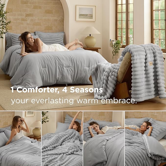 Bedsure Gentlesoft™ 2-in-1 King Size Comforter Set and Detachable Fluffy Blanket, Grey Bedding Set for All Season Use, SnapTech™ Design for Space Saving (Includes 2 Pillow Shams, 2 Pillowcases)