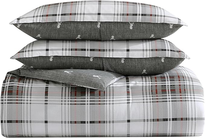 Eddie Bauer - Queen Comforter Set, Reversible Cotton Bedding with Matching Shams, Plaid Home Decor for All Seasons (Alder Grey/Red, Queen)