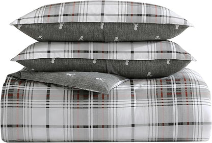 Eddie Bauer - Queen Comforter Set, Reversible Cotton Bedding with Matching Shams, Plaid Home Decor for All Seasons (Alder Grey/Red, Queen)