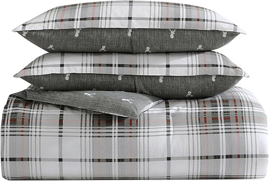 Eddie Bauer - King Comforter Set, Reversible Cotton Bedding with Matching Shams, Plaid Home Decor (Alder Red/Grey, King)