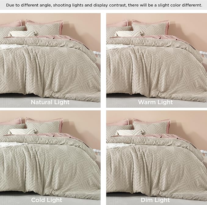 Litanika Oatmeal Super King Size Comforter Set, 3 Pieces Tufted Boho Farmhouse Bedding Comforter Sets, Lightweight Fluffy Comforter Bed Set for All Season (120x120In Comforter and 2 Pillowcases)