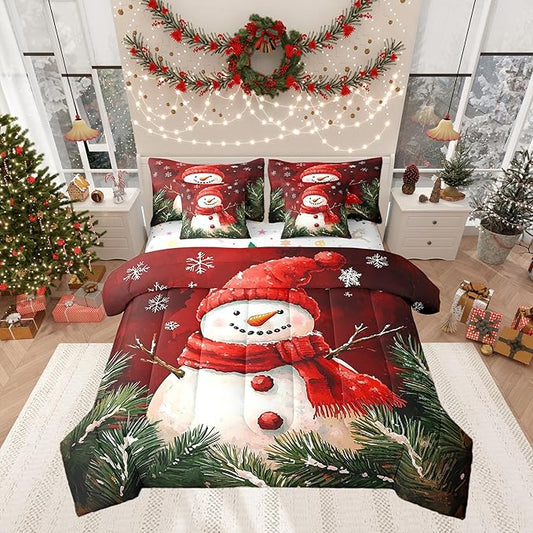 Castle Fairy Snowman with Red Scarf 7 Pieces Bedding Set King Bed in a Bag,Rustic Pine Leaves Botanical Plants Comforter Set,Geometric Snowflakes Red Tie Dyed Soft Warm Microfiber Bedding