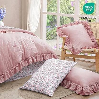 Twin XL Comforter Set - 5 Pieces Ruffle Soft Pink Bedding Sets, Shabby Chic Farmhouse Bed in a Bag Twin XL with Ruffle Comforter, Floral Sheets, Pillowcases & Shams