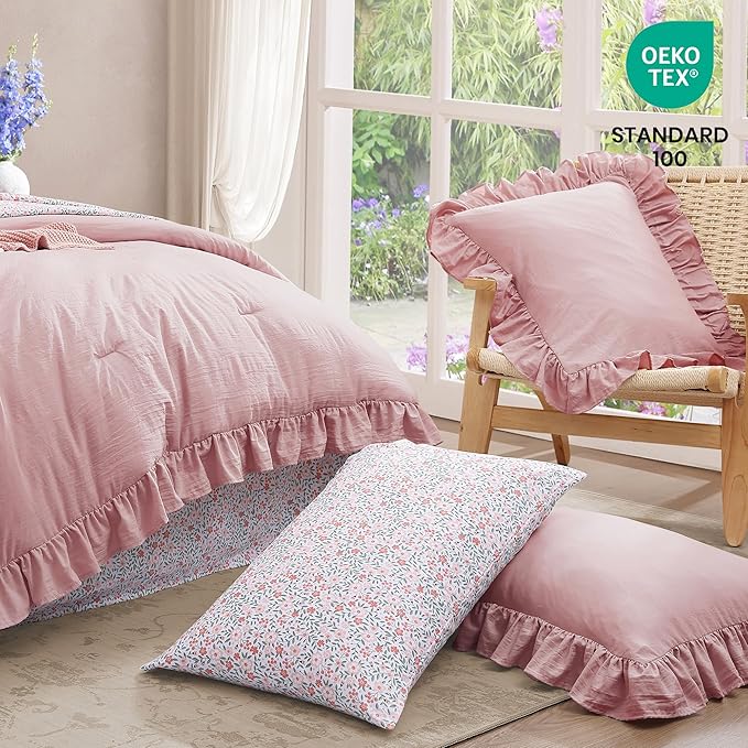 Full Comforter Set - 7 Pieces Ruffle Soft Pink Bedding Sets, Shabby Chic Farmhouse Bed in a Bag Full with Ruffle Comforter, Floral Sheets, Pillowcases & Shams