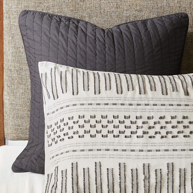 INK+IVY Luxurious Cotton-Bedding Set - Mid Century Trendy Geometric Design, All Season Cozy-Cover With Matching-Shams, King/Cal King, Rhea Jacquard Ivory/Charcoal