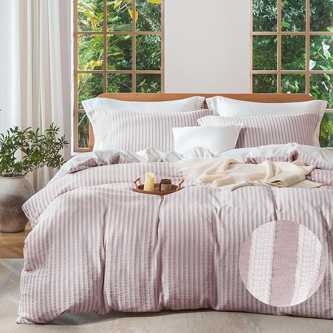 MILDLY Pale Mauve Striped Duvet Cover - 100% Washed Cotton Jacquard Textured Comforter Cover with Dual Zipper Closure & 8 Coner Ties