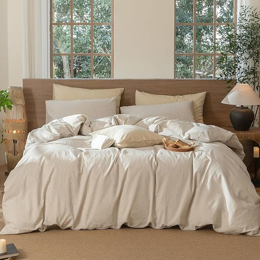 MooMee Striped Duvet Cover Set 100% Washed Cotton Linen Like Textured Breathable Durable Soft Comfy (Tannish Linen Grey White Pinstripes, Oversized Full 82"x86")