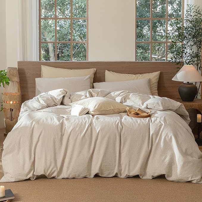 MooMee Striped Duvet Cover Set 100% Washed Cotton Linen Like Textured Breathable Durable Soft Comfy (Tannish Linen Grey White Pinstripes, Oversized Queen 98"x98")