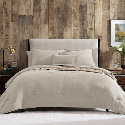 Geniospin Queen Comforter Set - 7 Pieces Comforter Queen Size, Soft Solid Bedding Set for All Season, Textured Bed in a Bag with Flat Sheet and Fitted Sheet, Pillowcases & Shams (Ivory, 90''x90'')