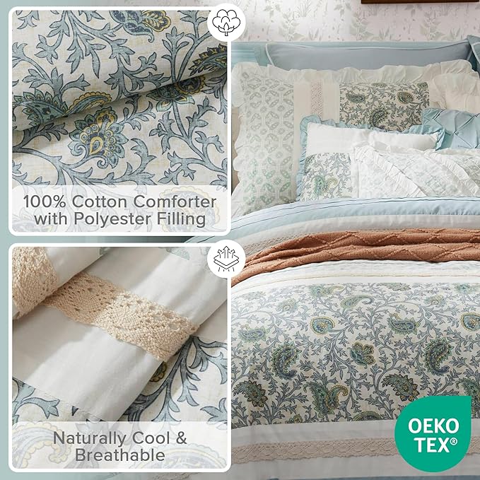 Madison Park Dawn 100% Cotton Shabby Chic Comforter Set-Modern Cottage Design All Season Down Alternative Bedding, Matching Shams, Bedskirt, Decorative Pillows, Queen(90"x90"), Aqua 9 Piece ,