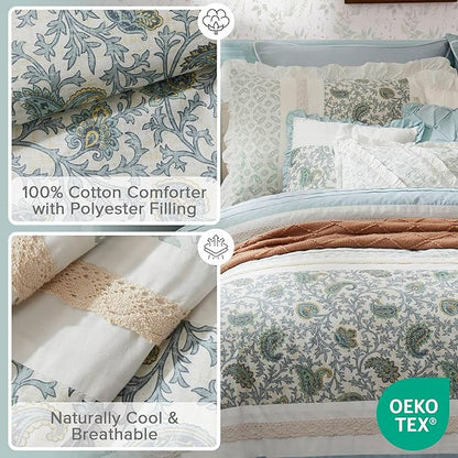 Madison Park Dawn 100% Cotton Shabby Chic Comforter Set-Modern Cottage Design All Season Down Alternative Bedding, Matching Shams, Bedskirt, Decorative Pillows, Queen(90"x90"), Aqua 9 Piece ,