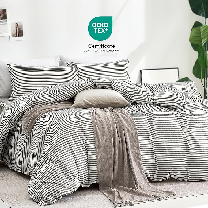 JELLYMONI Duvet Cover, 100% Natural Cotton, Printed Comforter Cover with Zipper Closure and Corner Ties (Twin 66×92 Inch, White Duvet Cover Set with Grey Stripes Pattern, 2 Pcs)