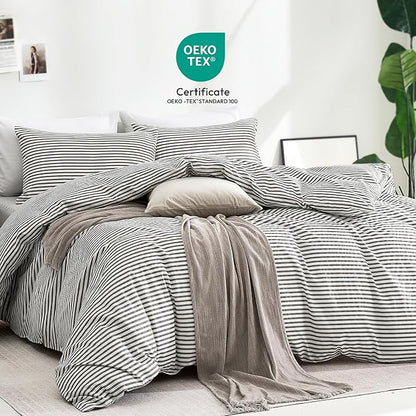 JELLYMONI Oversized King Duvet Cover Set, Cotton Duvet Cover 3 Pieces with Zipper Closure, 1 Duvet Cover and 2 Pillowcases(White with Gray Striped)
