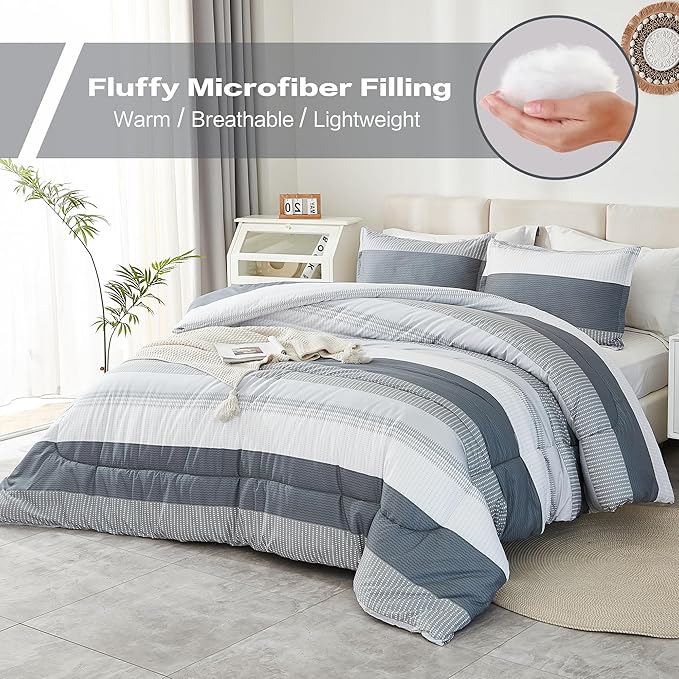 Litanika Comforter King Size Bed Set Light Grey - 3 Pieces Lightweight Bedding Comforter Sets Gray White Colorblock Stripe Fluffy All Season Bed Set
