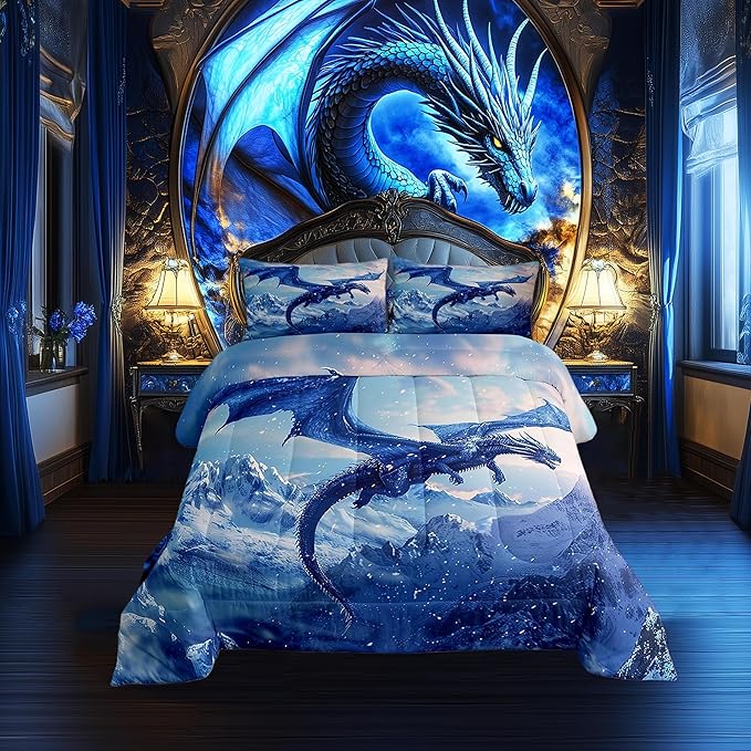 Castle Fairy Blue Dragon King Size Comforter Set,Kids Snow Mountain Decor All Season Bedding Set,Teens Flying Dragon Comforter,Winter Snow Scenery Decor Quilt Set Bedroom Collection 3Pcs