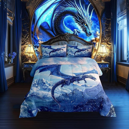 Castle Fairy Flying Dragon Full Size Comforter Set,Snow Mountain Bedding Set for Adults Teens,Children Blue Dragon Comforter Luxury Winter Snow Scenery Quilt Set Room Decor 3Pcs