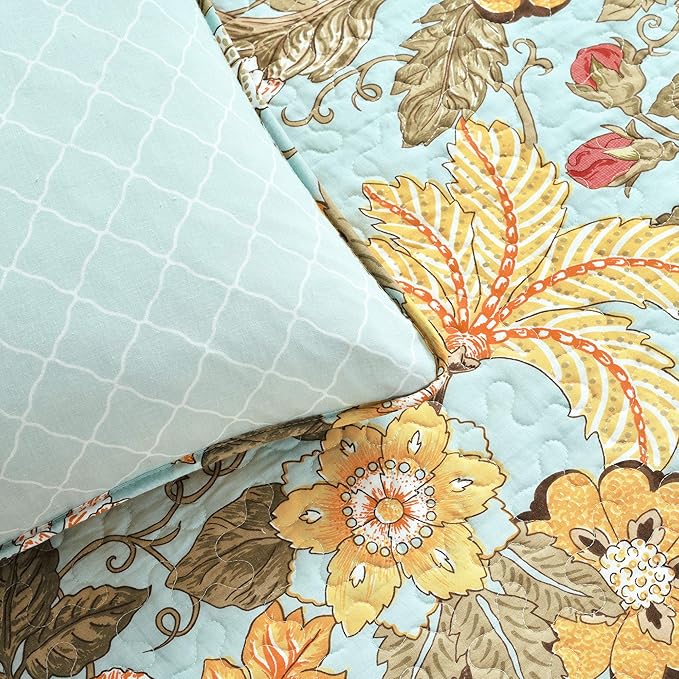 Lush Decor Sydney Reversible Cotton Quilt Set, 3 Piece Set, King, Blue & Green - Cotton Bedding Set - Blue Floral Quilt - Cottage Decor - Bedding King Size