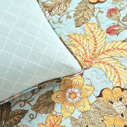 Lush Decor Sydney Reversible Cotton Quilt Set, 3 Piece Set, King, Blue & Green - Cotton Bedding Set - Blue Floral Quilt - Cottage Decor - Bedding King Size