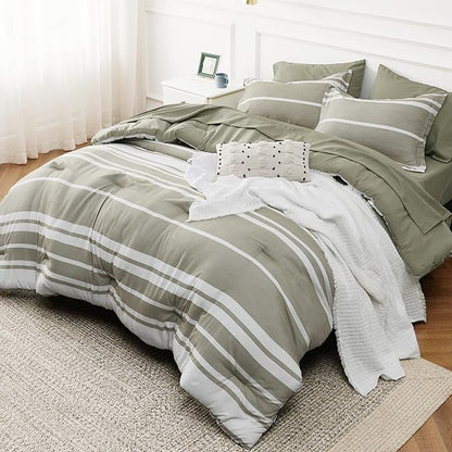 Bedsure Twin Comforter Set 5 Pieces, Olive Green Striped Bedding Set for All Seasons, Reversible, Cationic Dyeing Bed in a Bag with Comforter, Sheets, Pillowcase & Sham