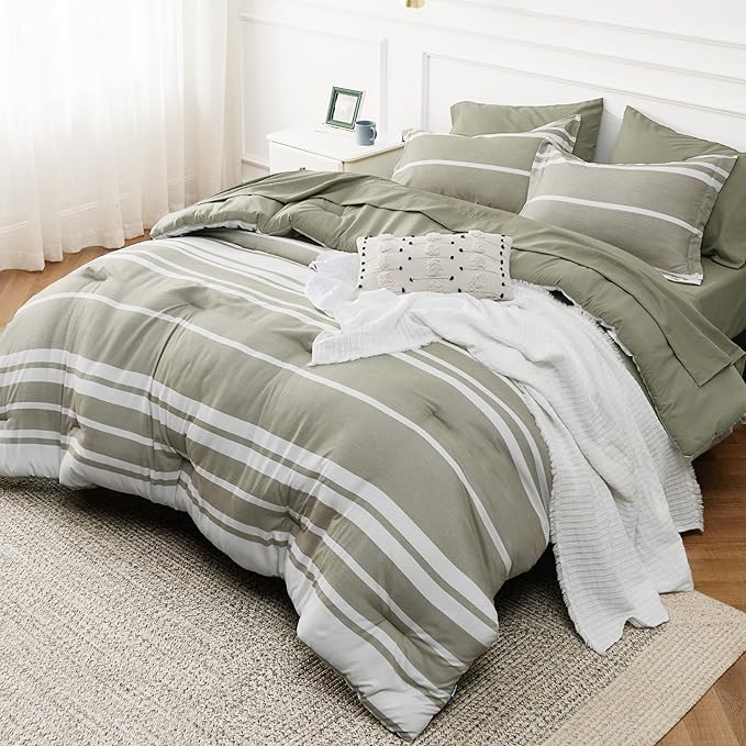 Bedsure Queen Comforter Set 7 Pieces, Olive Green Striped Bedding Set for All Seasons, Reversible, Cationic Dyeing Bed in a Bag with Comforter, Sheets, Pillowcases & Shams