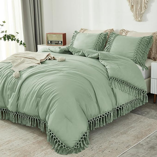 Andency Full Size Comforter Set Sage Green, 3 Pieces Boho Tassel Lightweight Vintage Soft Bedding Comforter Sets, All Season Fluffy Fringe Bed Set (79x90In Comforter & 2 Pillowcases)