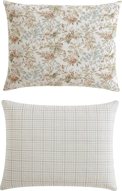 Laura Ashley - Twin Comforter Set, Reversible Cotton Bedding with Matching Sham, Floral Home Decor with Plaid Reverse (Bramble Floral Beige, Twin)