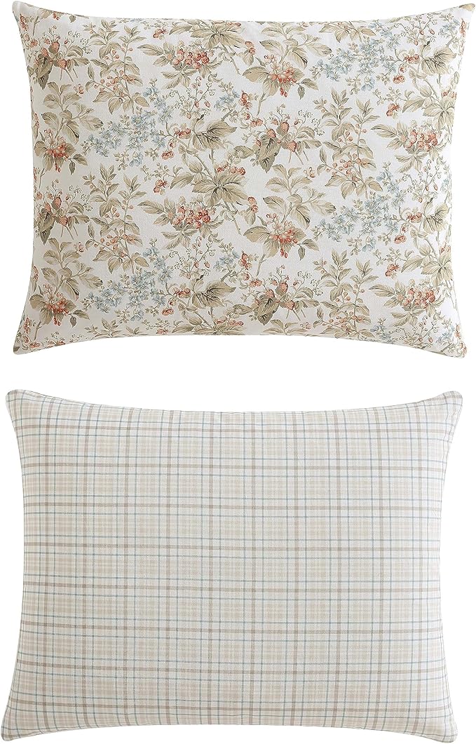 Laura Ashley - Queen Comforter Set, Reversible Cotton Bedding with Matching Shams, Floral Home Decor with Plaid Reverse (Bramble Floral Beige, Queen)