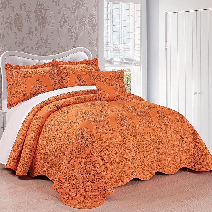 Home Soft Things Damask 4 Piece Bedspread Set, Scalloped Edge Reversible Quilt Coverlet Comforter Prewashed Bedding Set, Matelasse Embossed Floral Solid Pattern,Nectarine Oversize King(120" x 120")