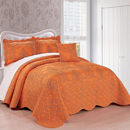 Home Soft Things Damask 4 Piece Bedspread Set, Scalloped Edge Reversible Quilt Coverlet Comforter Prewashed Bedding Set, Matelasse Embossed Floral Solid Pattern,Nectarine Oversize King(120" x 120")