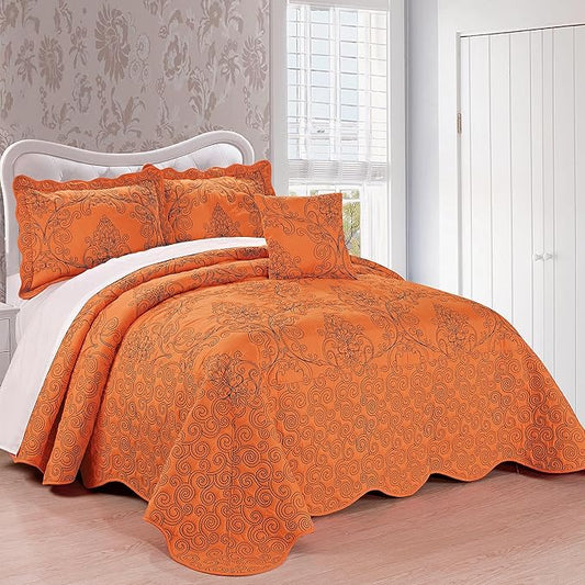 Home Soft Things Damask 4 Piece Bedspread Set, Scalloped Edge Reversible Quilt Coverlet Comforter Prewashed Bedding Set, Matelasse Embossed Floral Solid Pattern,Nectarine Oversize Queen(110" x 120")