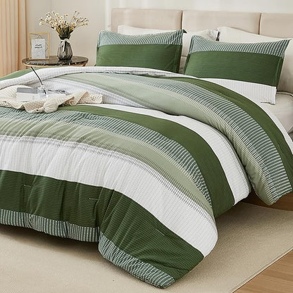 Litanika Olive Green Comforter Set California King - 3 Pieces Lightweight Olive Green White Colorblock Stripe Fluffy Bedding Comforter Sets, All Season Bed Set