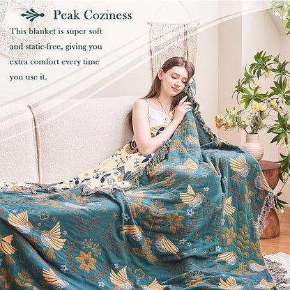 Boho Throw Blanket, 100% Cotton Ultra Soft Luxury Fall Throw Rustic Quilt, 50"x60" Floral Printed Farmhouse Decor Bed Summer Blankets, All Season Rustic Reversible Bohemian Throw for Bed
