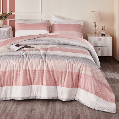 Litanika Pink Full Size Comforter Sets for Girls, 3 Pieces Blush White Colorblock Women Lightweight Bedding Comforter Set