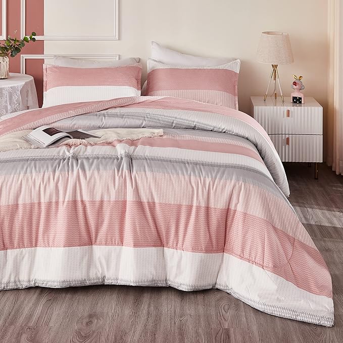 Litanika Pink California King Comforter Set - 3 Pieces Blush Cal King Oversized Lightweight Summer Colorblock Stripe Bedding Set (104x96In, 2 Pillowcases)