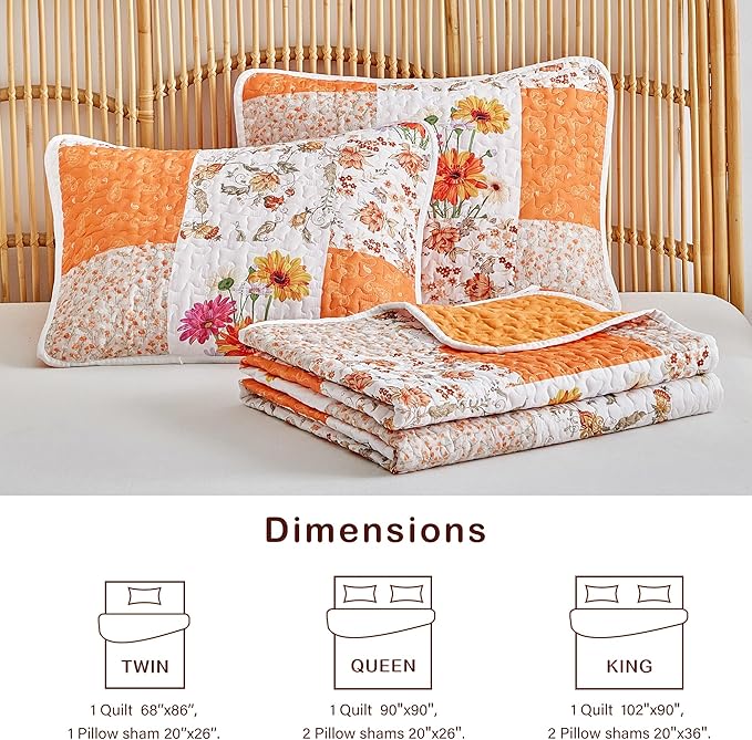 Joyreap 2 Pieces Floral Patchwork Quilt Set Twin, Orange n White Flowers Design, Smooth Soft Microfiber Quilt, Bedspread Bed Cover for All Season- 68x86 inches