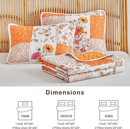 Joyreap 2 Pieces Floral Patchwork Quilt Set Twin, Orange n White Flowers Design, Smooth Soft Microfiber Quilt, Bedspread Bed Cover for All Season- 68x86 inches