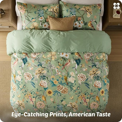 Bedsure Floral Duvet Cover King Size - 100% Cotton Reversible Flowers and Birds Pattern Duvet Cover Set, 3 Pieces Soft & Breathable PureWoven Bedding Set with 2 Pillow Shams (Green Garden, 104"x90")