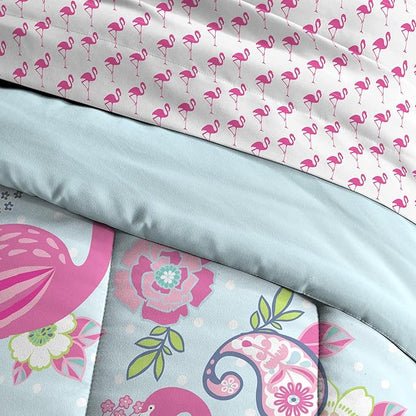 dream FACTORY Kids 7-Piece Complete Set Easy-Wash Super Soft Microfiber Comforter Bedding, Full, Pink Flamingo