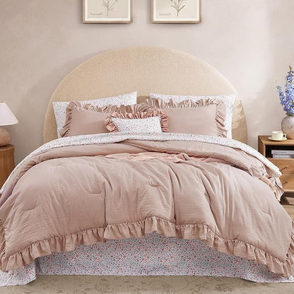 Twin XL Comforter Set - 5 Pieces Ruffle Rose Floral Bedding Sets, Shabby Chic Farmhouse Bed in a Bag with Ruffle Comforter, Floral Sheets, Pillowcase & Sham