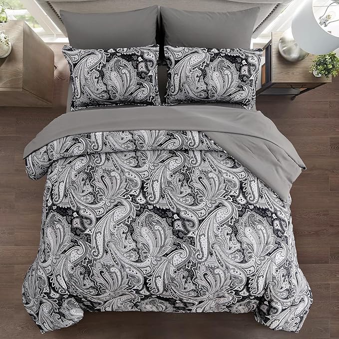 Black Paisley Comforter Set California King Size, 7 Piece Bed in a Bag Black Gray Boho Paisley Pattern Comforter Set, Soft Lightweight Microfiber Reversible Bedding Set for All Season (106''x96'')