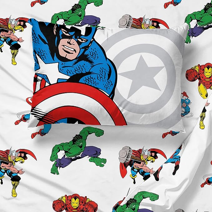 Jay Franco Kids Sheet Cartoon Set with Fitted, Flat Sheets & Pillow Cover - Ultra-Soft Bedding with Pillowcase for Room Decor, White - Avengers, 3 Piece Twin