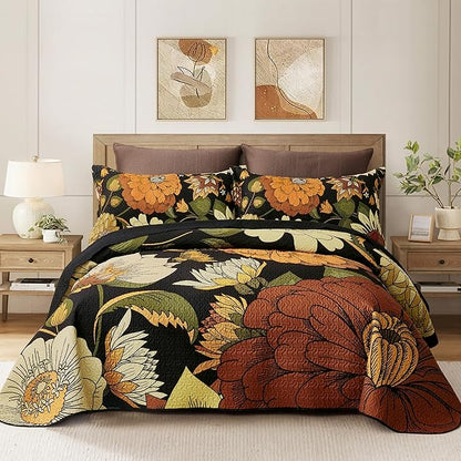 3 Piece Black Boho Floral King Size Quilt Sets Reversible Farmhouse Botanical Lightweight Bedspread Coverlet with 2 Shams Mid Century Microfiber Bedding Quilts Set for All Season,106''x96''