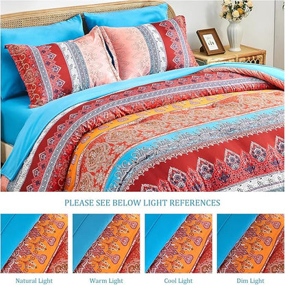 Boho Comforter Set Queen - 7 Pieces Bed in a Bag, Bohemian Striped Comforter Set with Sheets, Soft Microfiber Colorful Floral Bedding Set for All Season