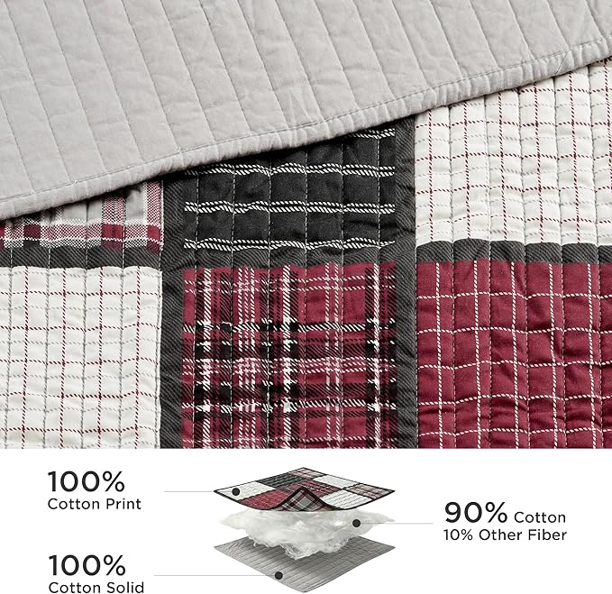 Woolrich Reversible Quilt Cabin Lifestyle Design - All Season, Breathable Coverlet Bedspread Bedding Set, Matching Shams, Oversized Full/Queen, Tulsa Plaid Red/Grey 3 Piece