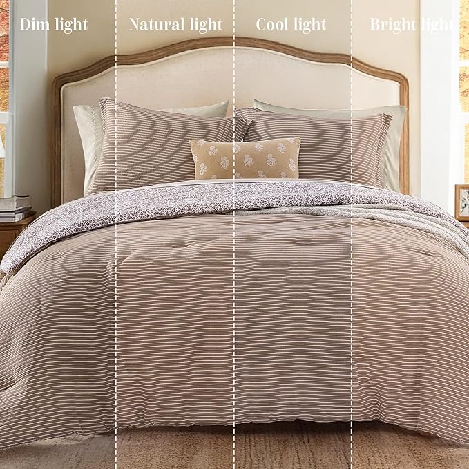 Full Comforter Set - 7 Pieces Dark Brown Gauze Muslin Bedding Sets for All Seasons, Lightweight Breathable Bed in a Bag Full with Revesible Farmhouse Comforter, Sheets, Pillowcases & Shams