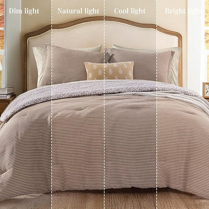 Full Comforter Set - 7 Pieces Dark Brown Gauze Muslin Bedding Sets for All Seasons, Lightweight Breathable Bed in a Bag Full with Revesible Farmhouse Comforter, Sheets, Pillowcases & Shams