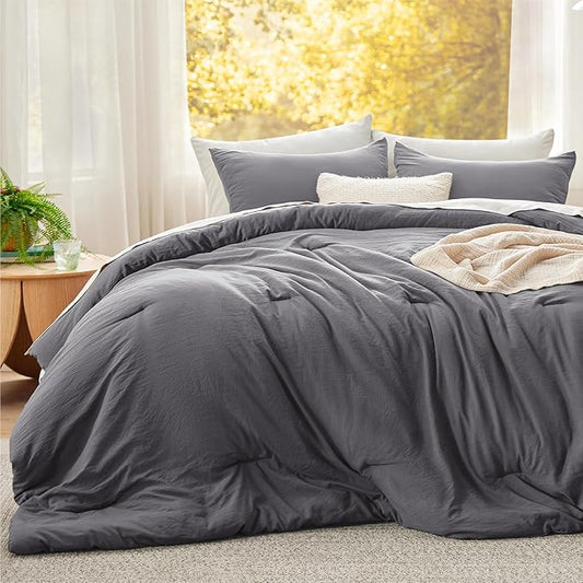 Bedsure Super King Plus Comforter Set, Dark Grey Soft Prewashed Bedding for All Seasons, 3 Pieces GentleSoft™ Bed Set, 1 Lightweight Comforter (128"x120") and 2 Pillowcases (20"x36")