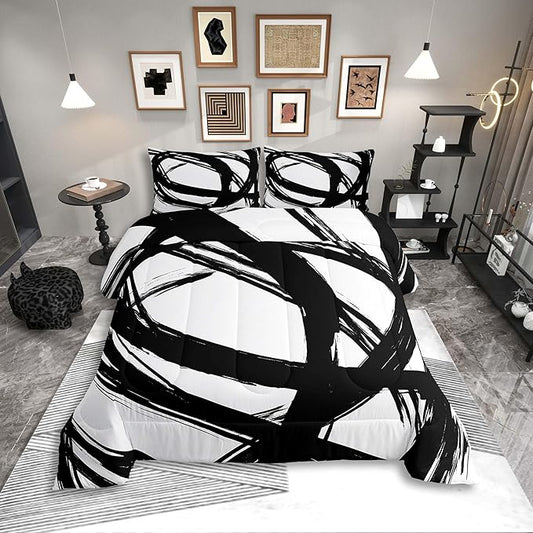 Black and White Abstarct Comforter Set Twin Size for Kids Boys Girs,Graffiti Stripes Lines Bedding Set,Aesthetic Geometric Duvet Insert for Minimalists,Contemporary Boho Modern Art Quilt